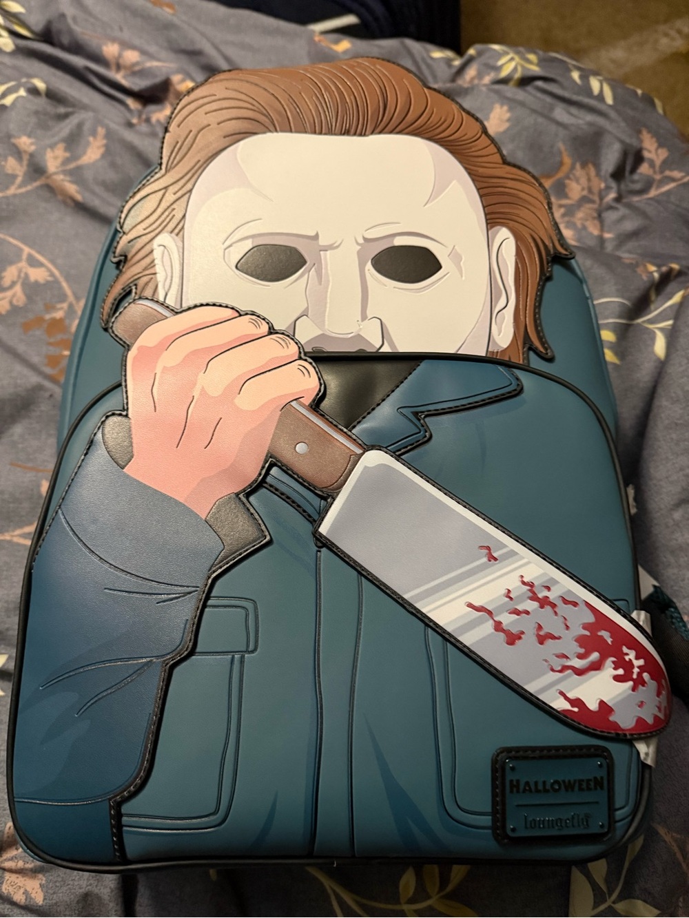 Loungefly Michael Myers Teal Backpack with Blood-Detail Knife